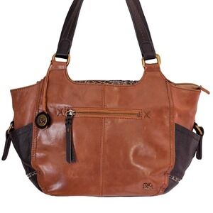 The Sak Leather Shoulder Purse Boho Hobo Bag Tobacco Brown Reptile Side Pockets